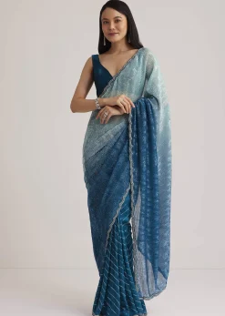 Blue Ombre Half And Half Sequins Saree