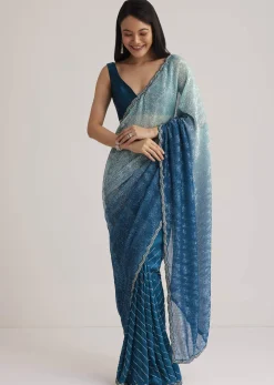 Blue Ombre Half And Half Sequins Saree