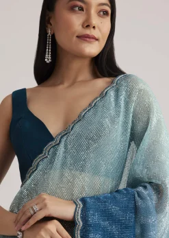 Blue Ombre Half And Half Sequins Saree