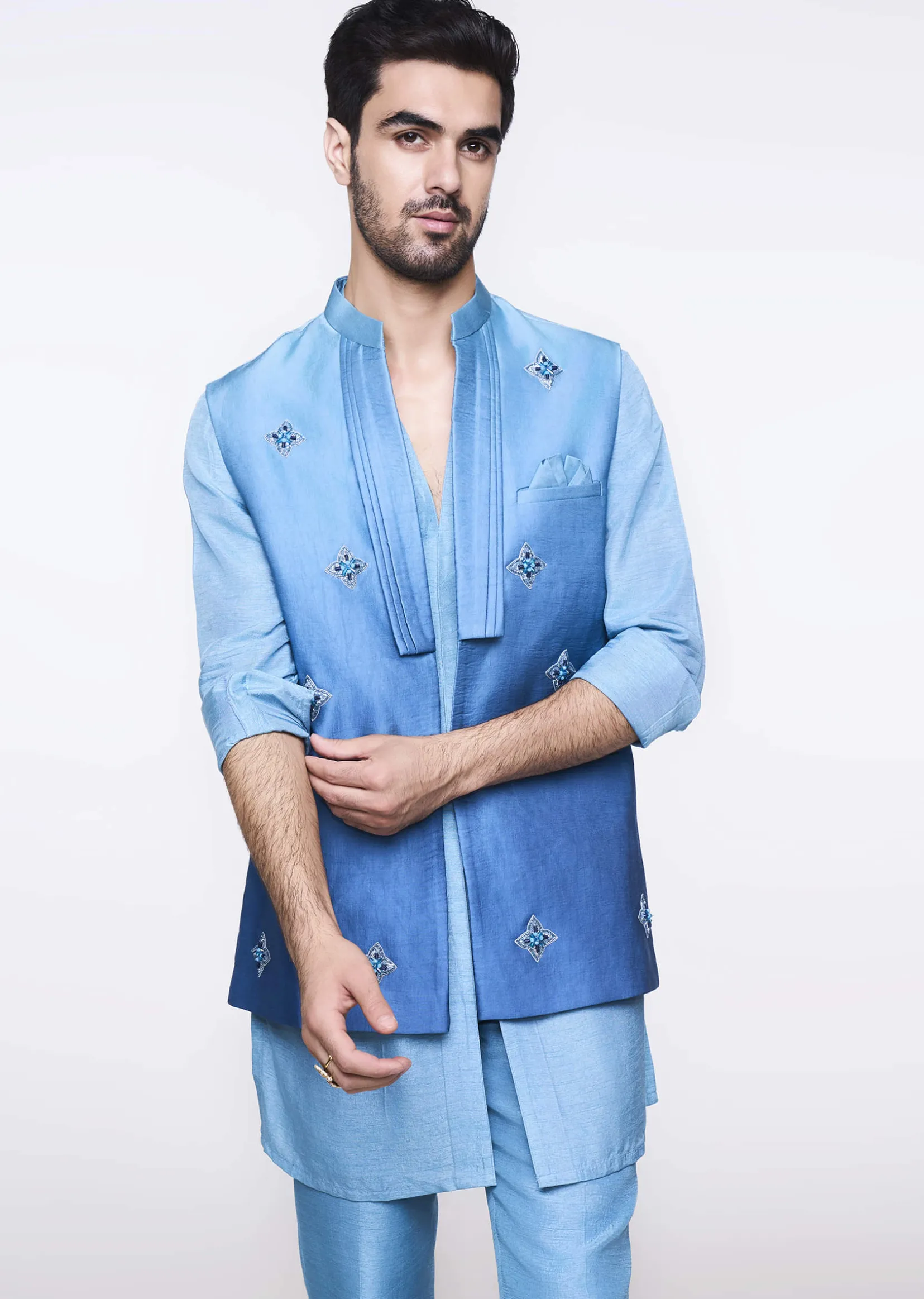 Blue Ombre Hand Embroidered Bandi And Kurta Set