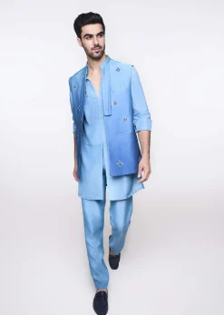 Blue Ombre Hand Embroidered Bandi And Kurta Set