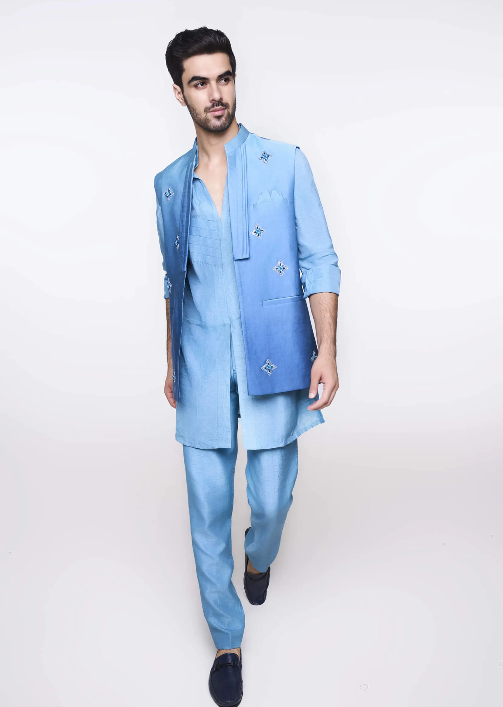 Blue Ombre Hand Embroidered Bandi And Kurta Set