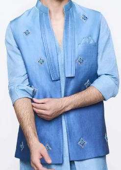 Blue Ombre Hand Embroidered Bandi And Kurta Set
