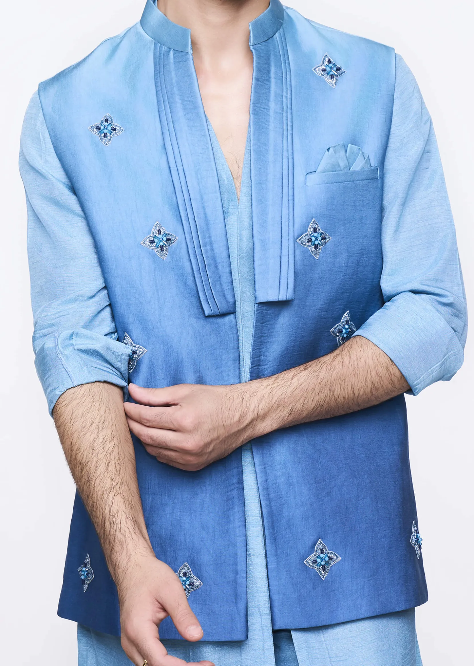 Blue Ombre Hand Embroidered Bandi And Kurta Set