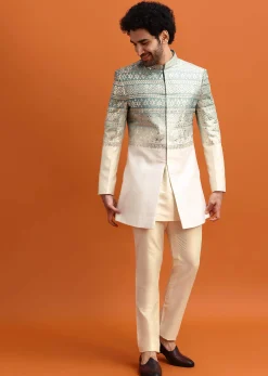 Blue Ombre Indowestern Set With Foil Work For Men