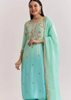 Blue Ombre Kurta Palazzo Suit With Zardosi And Sequins Work