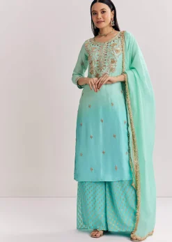 Blue Ombre Kurta Palazzo Suit With Zardosi And Sequins Work