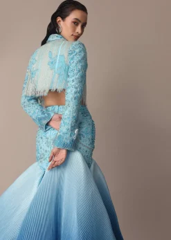 Blue Ombre Organza Fishcut Skirt With Tassel Short Jacket