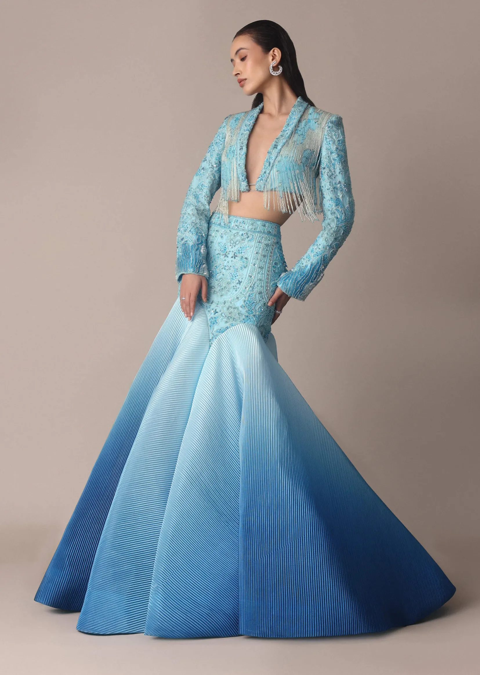 Blue Ombre Organza Fishcut Skirt With Tassel Short Jacket