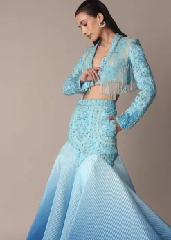 Blue Ombre Organza Fishcut Skirt With Tassel Short Jacket