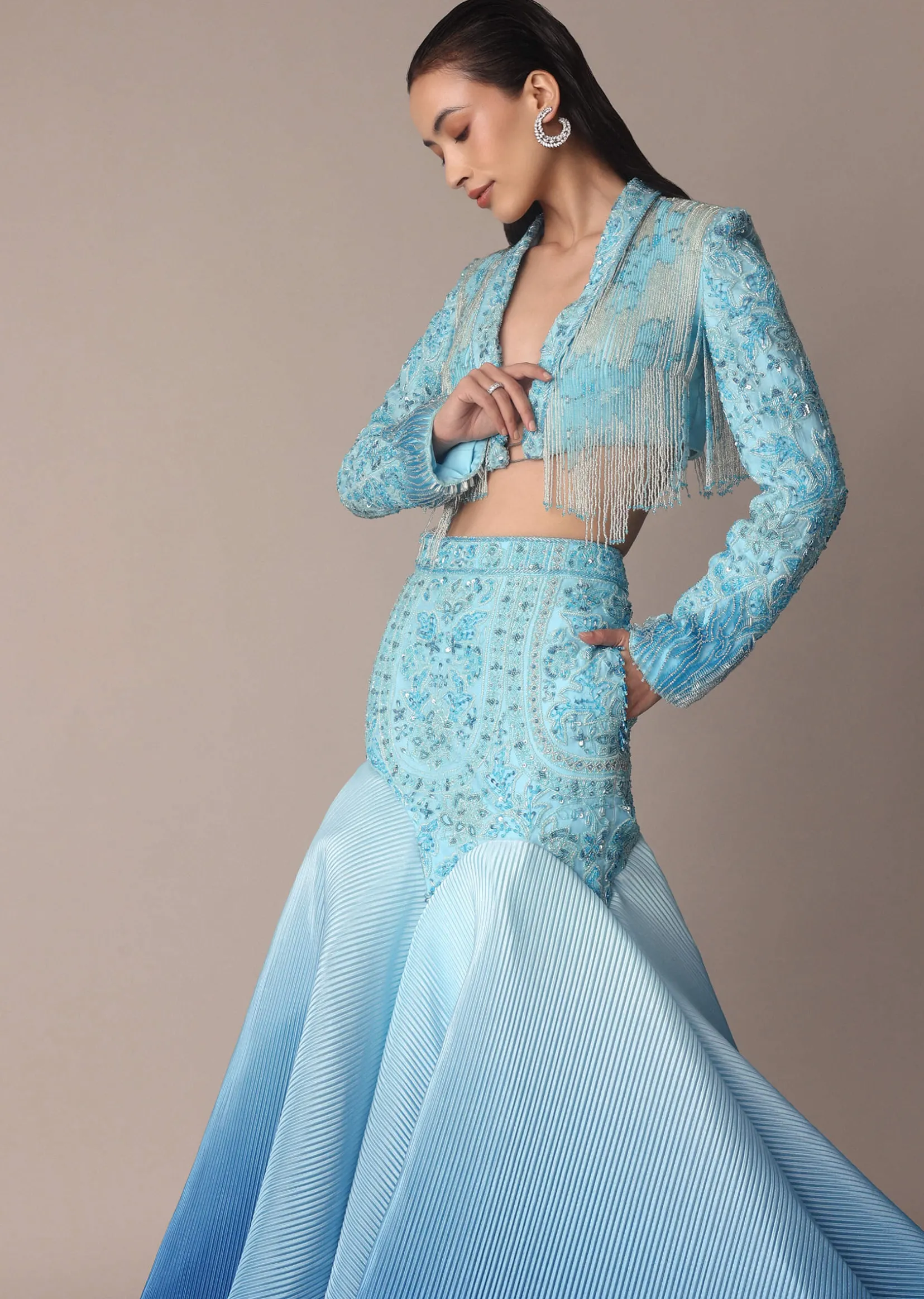 Blue Ombre Organza Fishcut Skirt With Tassel Short Jacket
