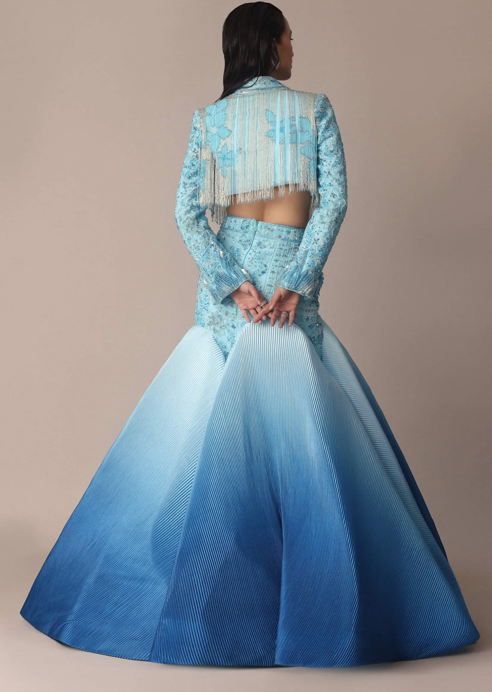 Blue Ombre Organza Fishcut Skirt With Tassel Short Jacket