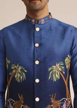 Blue Ombre Silk Jacket Set With Artistic Detailing