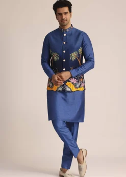 Blue Ombre Silk Jacket Set With Artistic Detailing