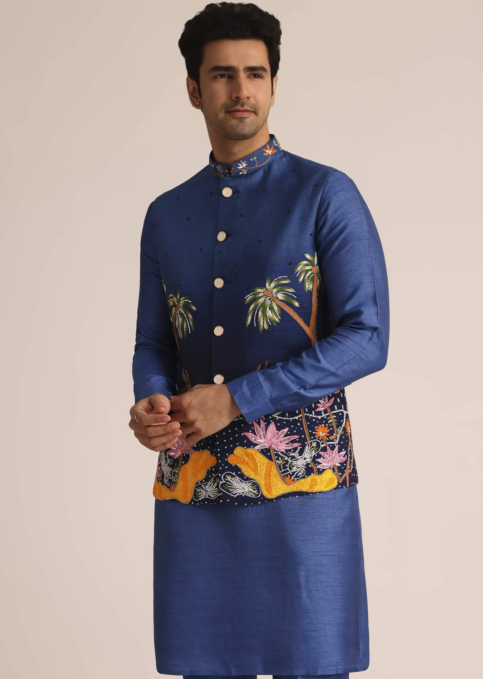 Blue Ombre Silk Jacket Set With Artistic Detailing