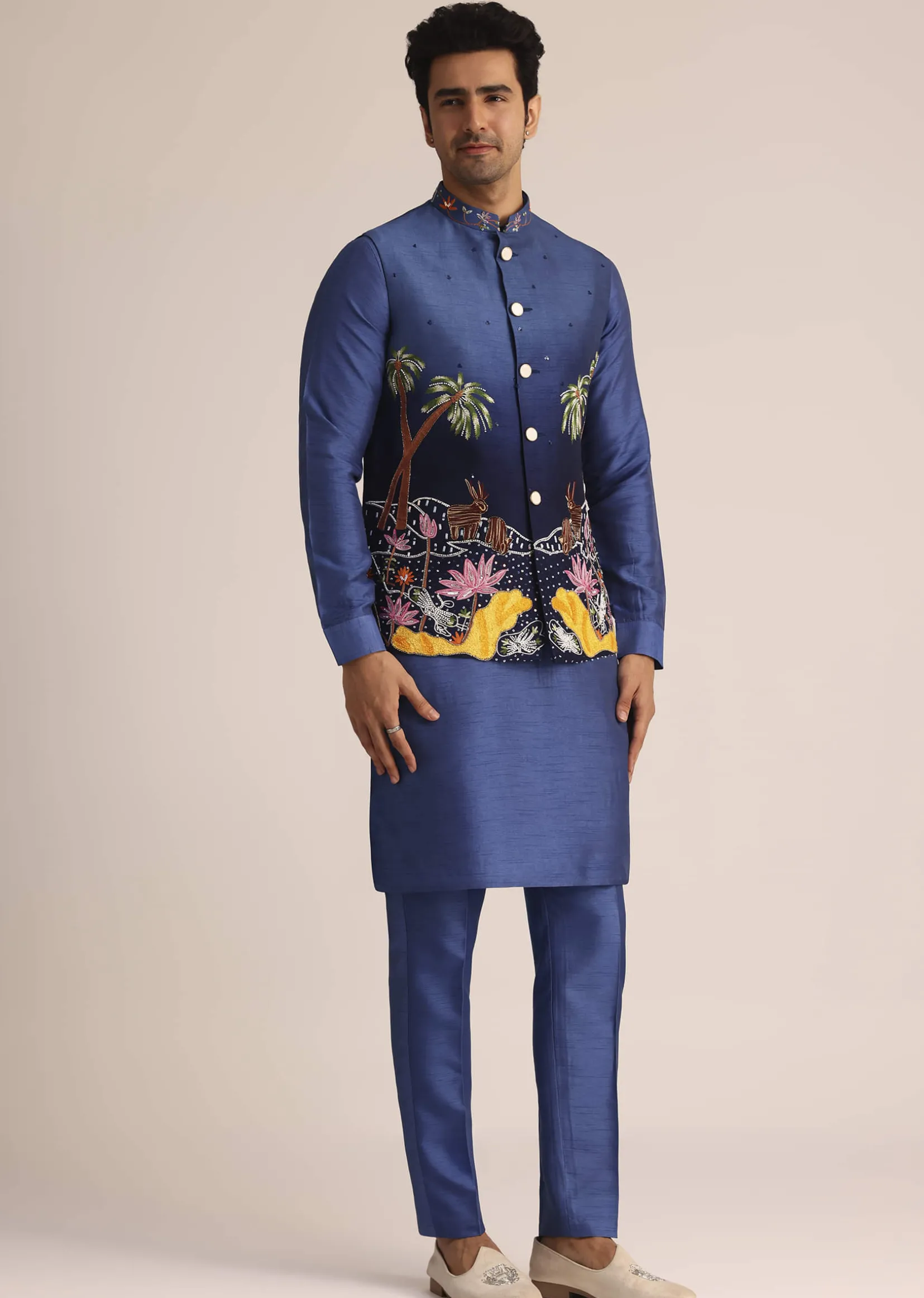Blue Ombre Silk Jacket Set With Artistic Detailing
