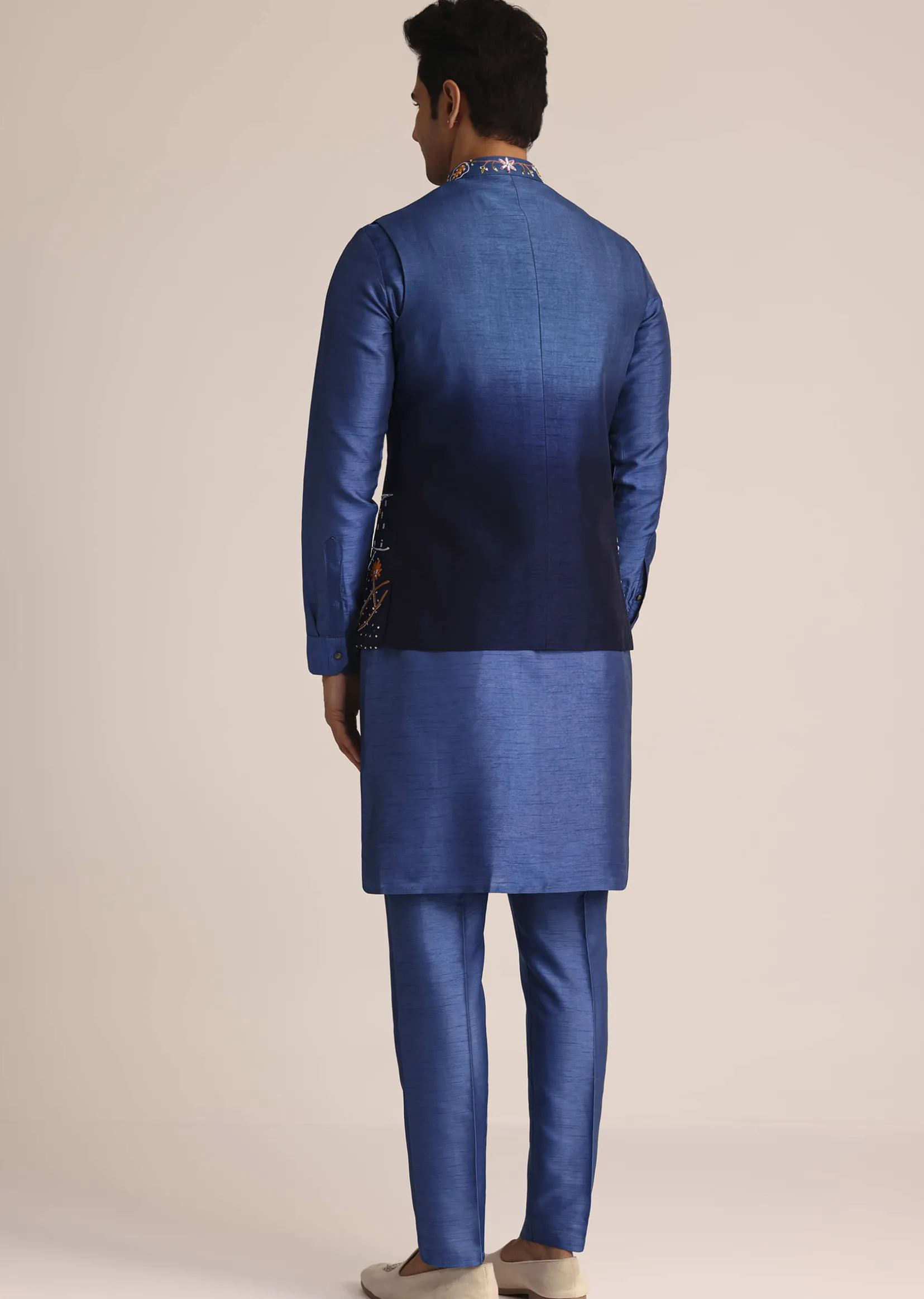 Blue Ombre Silk Jacket Set With Artistic Detailing