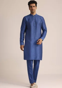 Blue Ombre Silk Jacket Set With Artistic Detailing