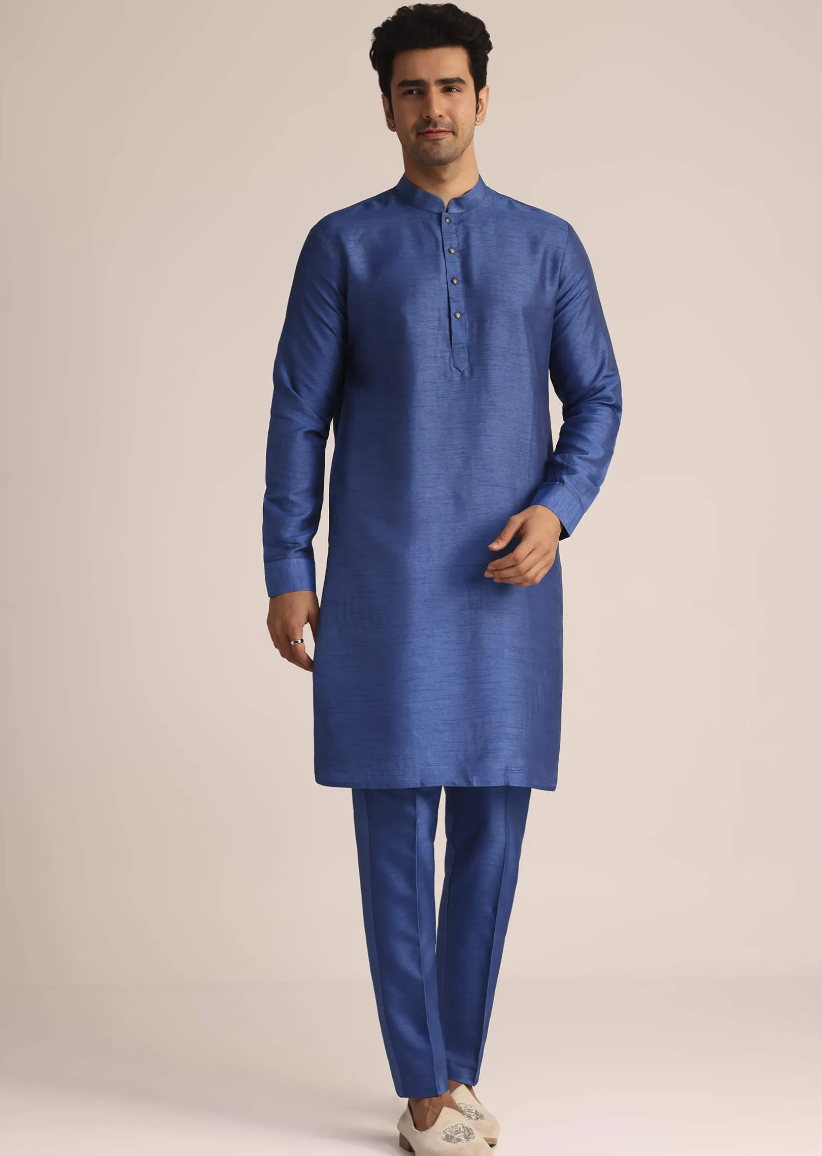 Blue Ombre Silk Jacket Set With Artistic Detailing