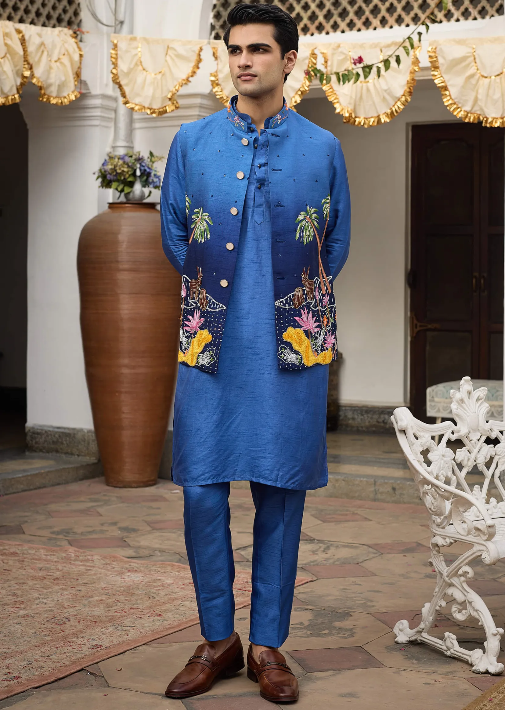 Blue Ombre Silk Jacket Set With Artistic Detailing