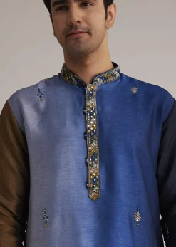 Blue Ombre Silk Kurta Set With Mirror Embellishments