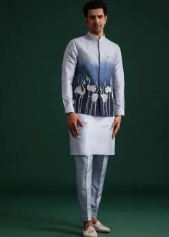 Blue Ombre Zardosi Work Jacket Set With Flamingo Motifs