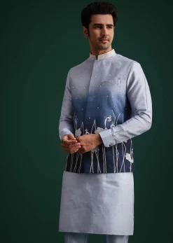 Blue Ombre Zardosi Work Jacket Set With Flamingo Motifs