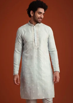 Blue Organza Aligarhi Kurta With Zari Embroidery