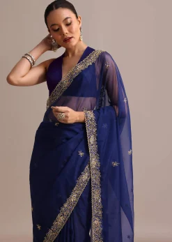 Blue Organza Cutdana Embroidered Saree With Unstitched Blouse