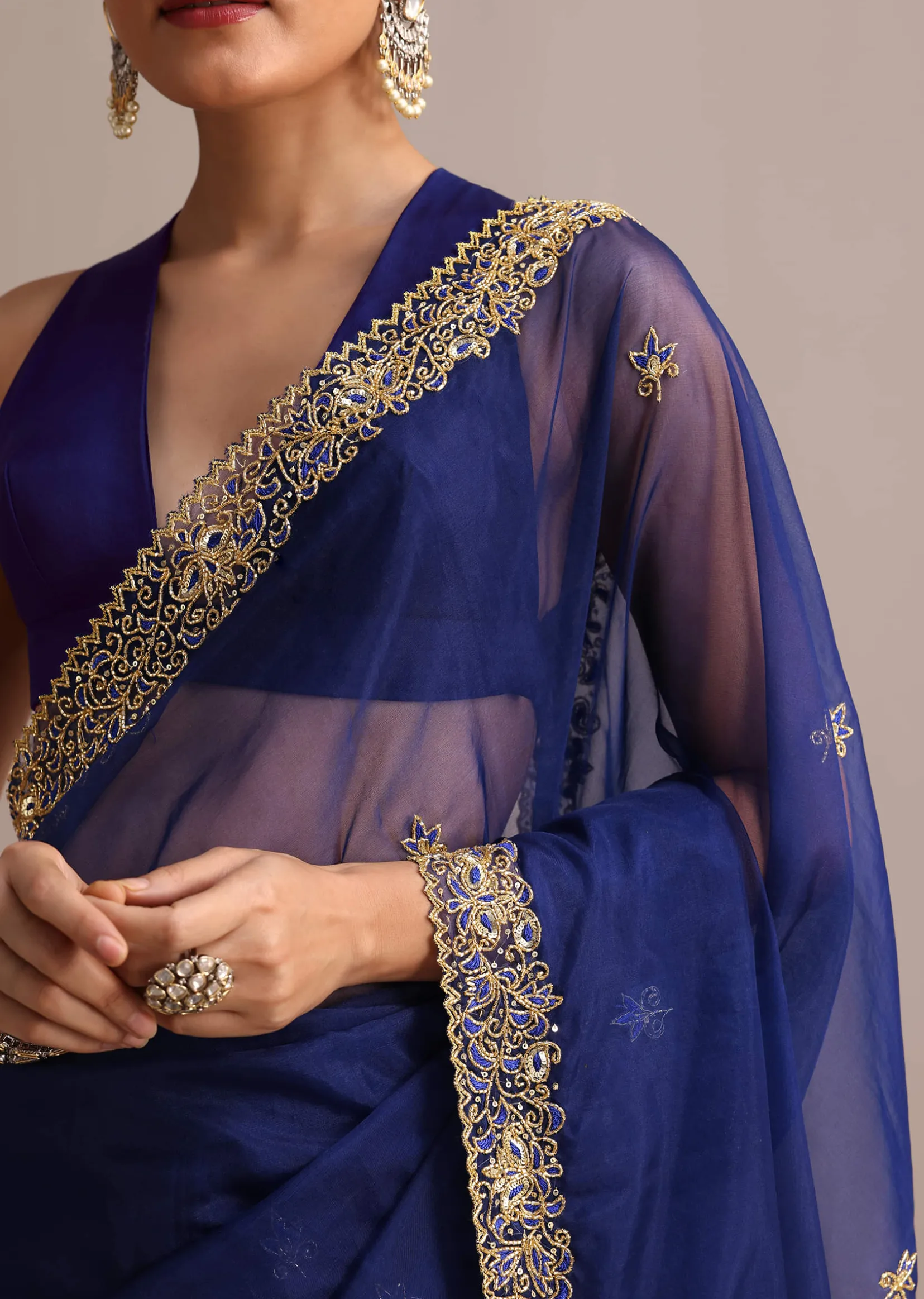 Blue Organza Cutdana Embroidered Saree With Unstitched Blouse