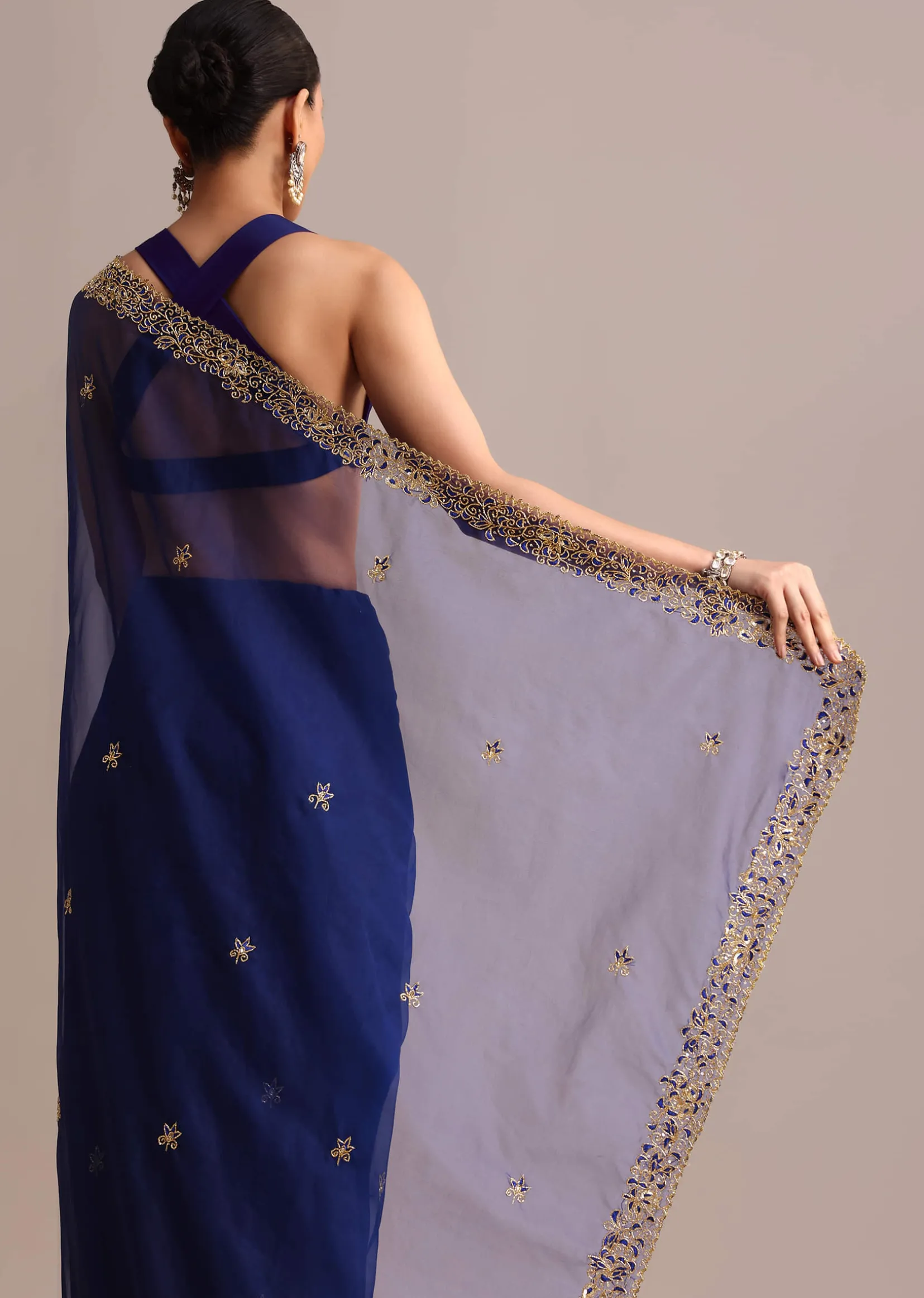 Blue Organza Cutdana Embroidered Saree With Unstitched Blouse