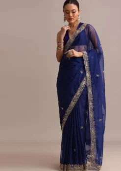 Blue Organza Cutdana Embroidered Saree With Unstitched Blouse