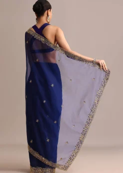 Blue Organza Cutdana Embroidered Saree With Unstitched Blouse