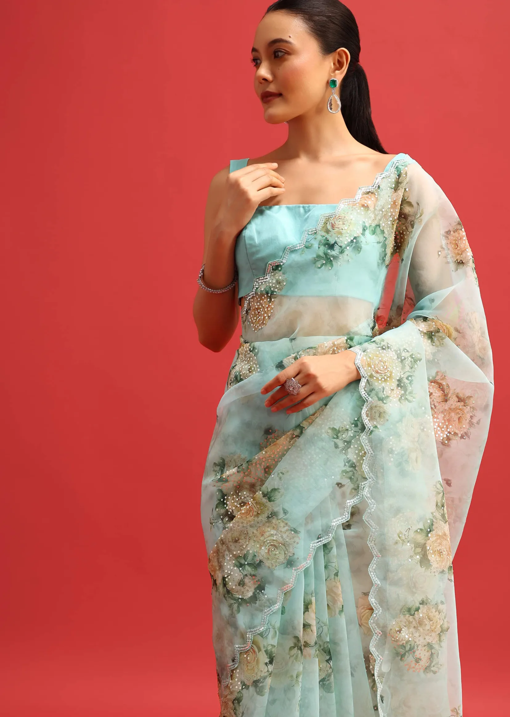Blue Organza Floral Printed Saree With Sequin Scallop Border And Unstitched Blouse