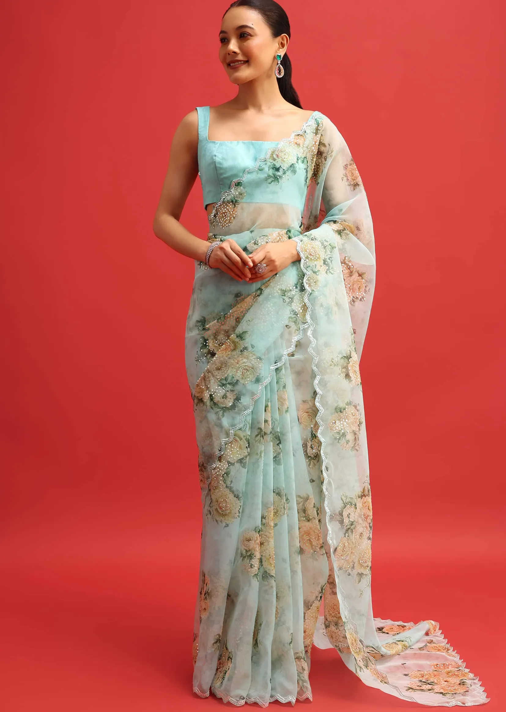 Blue Organza Floral Printed Saree With Sequin Scallop Border And Unstitched Blouse