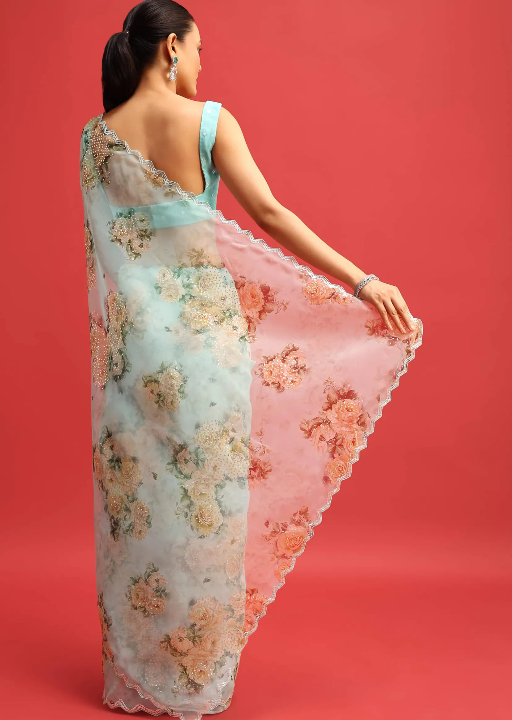 Blue Organza Floral Printed Saree With Sequin Scallop Border And Unstitched Blouse