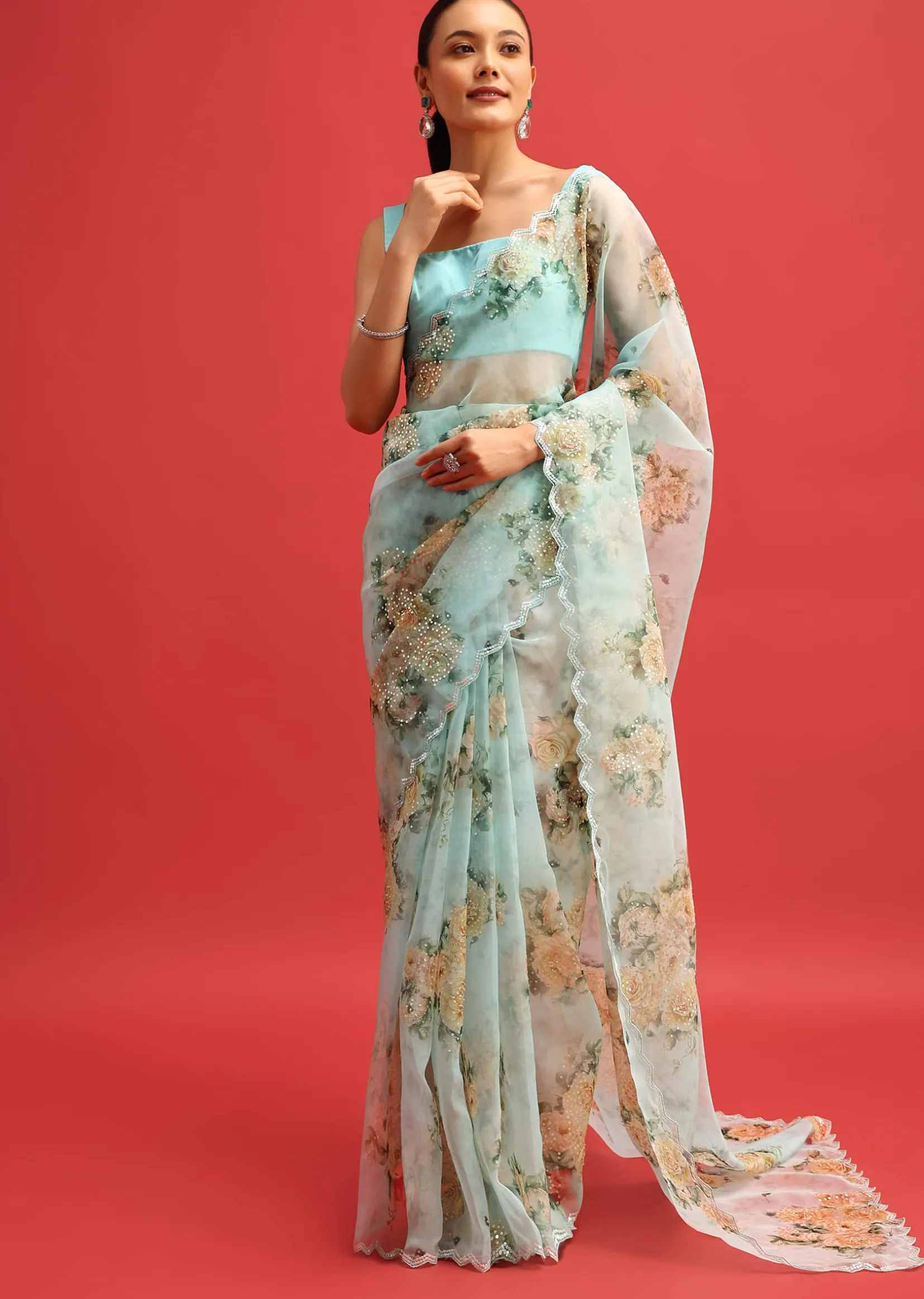 Blue Organza Floral Printed Saree With Sequin Scallop Border And Unstitched Blouse