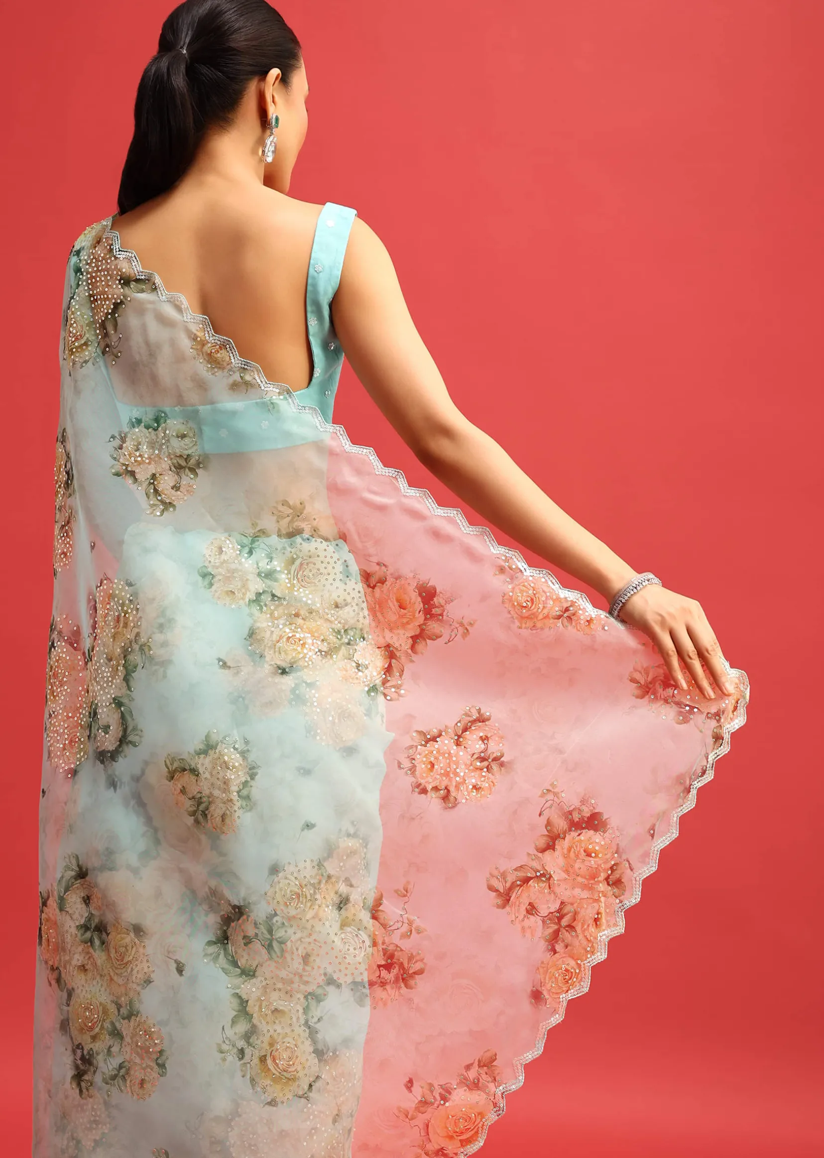 Blue Organza Floral Printed Saree With Sequin Scallop Border And Unstitched Blouse