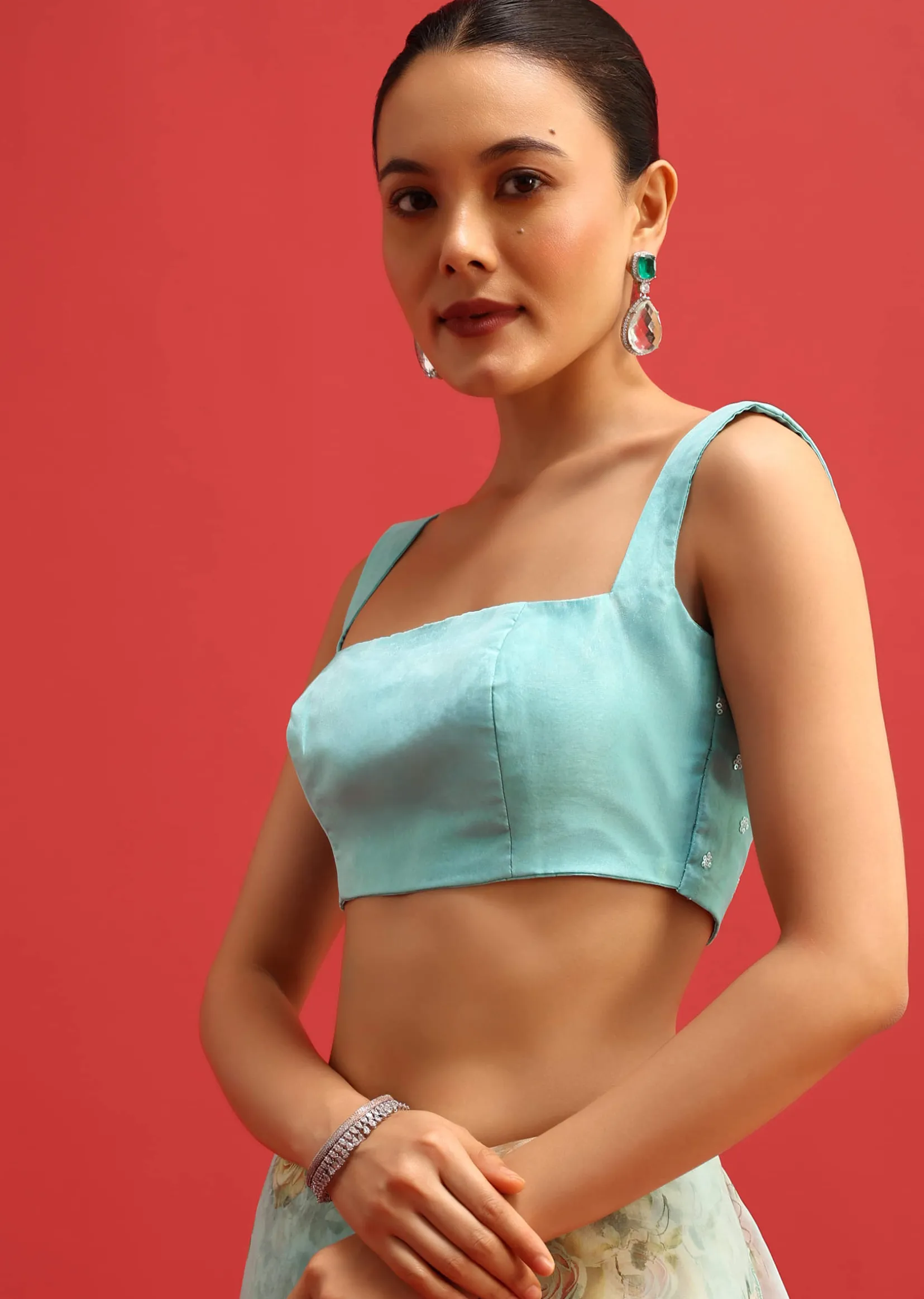 Blue Organza Floral Printed Saree With Sequin Scallop Border And Unstitched Blouse