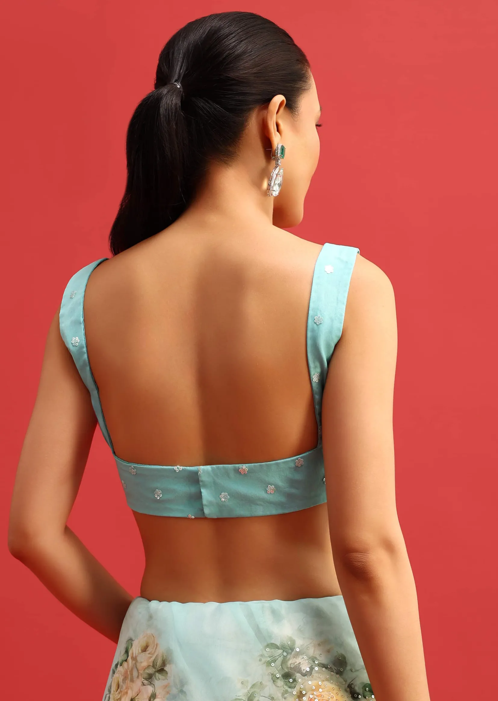 Blue Organza Floral Printed Saree With Sequin Scallop Border And Unstitched Blouse
