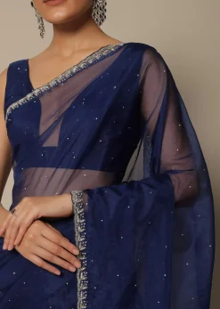 Blue Organza Saree With Stone Work And Unstitched Blouse Piece