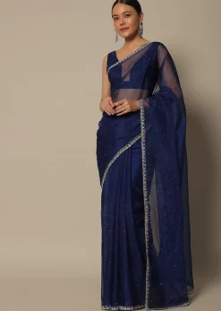 Blue Organza Saree With Stone Work And Unstitched Blouse Piece