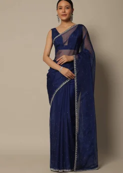Blue Organza Saree With Stone Work And Unstitched Blouse Piece