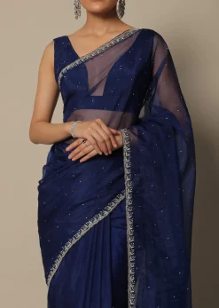 Blue Organza Saree With Stone Work And Unstitched Blouse Piece