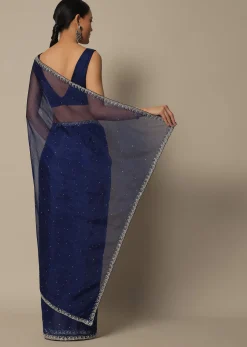 Blue Organza Saree With Stone Work And Unstitched Blouse Piece