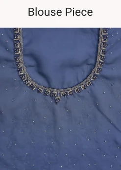 Blue Organza Saree With Stone Work And Unstitched Blouse Piece