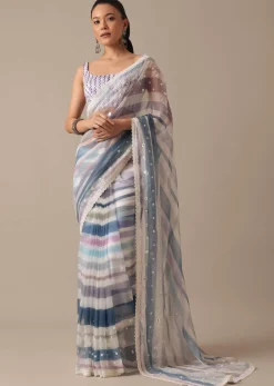 Blue Organza Striped Saree With Mirror Work And Unstitched Blouse Piece