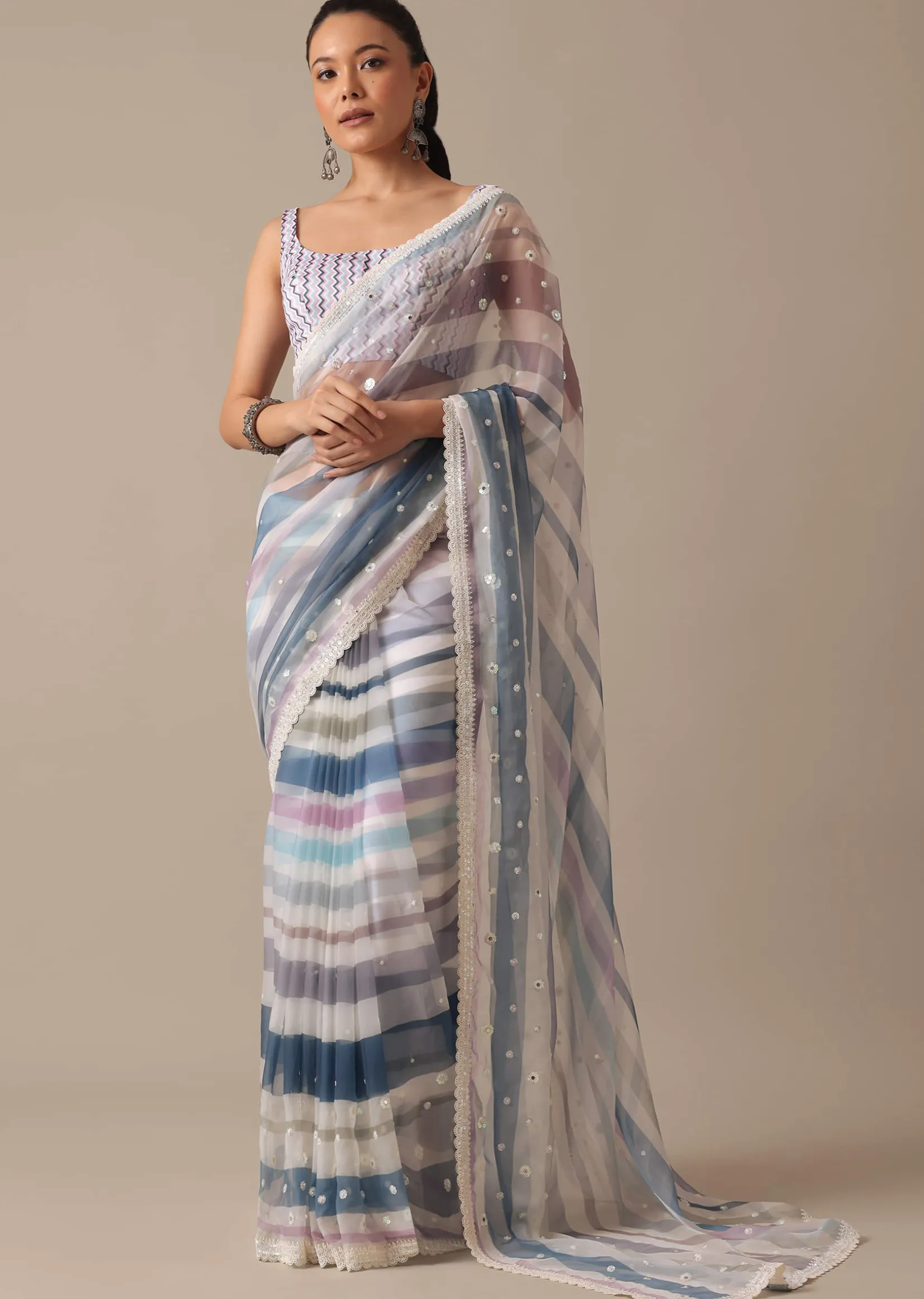 Blue Organza Striped Saree With Mirror Work And Unstitched Blouse Piece