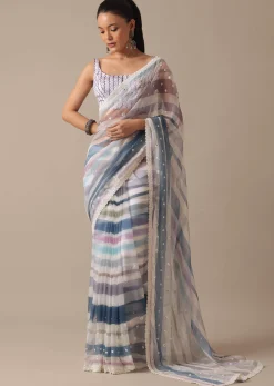 Blue Organza Striped Saree With Mirror Work And Unstitched Blouse Piece
