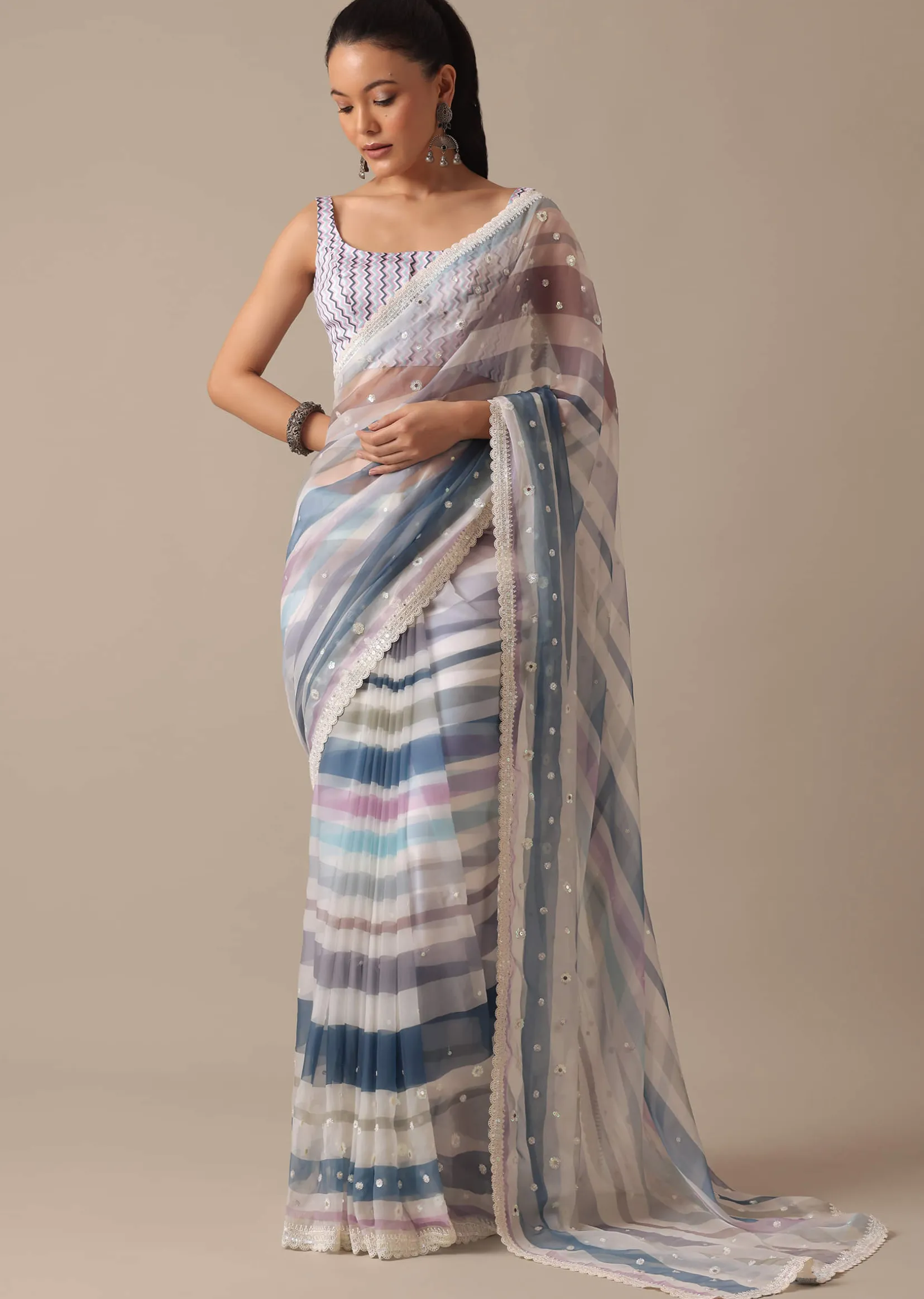Blue Organza Striped Saree With Mirror Work And Unstitched Blouse Piece